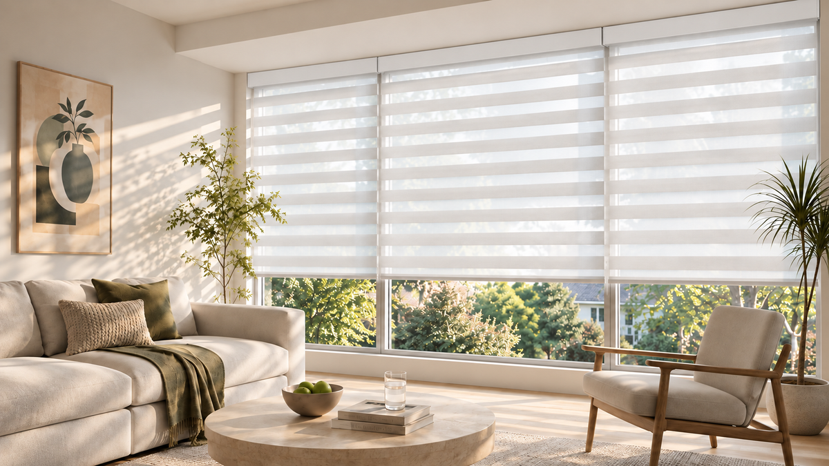 Bright living room with white custom zebra blinds