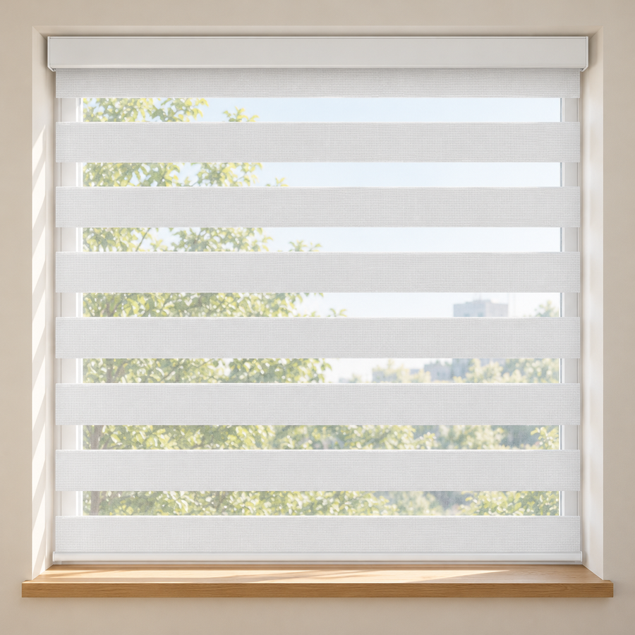 EVERENO Custom Zebra Blinds — Light Filtering — Motorized in premium white fabric with a square white cassette — product illustration