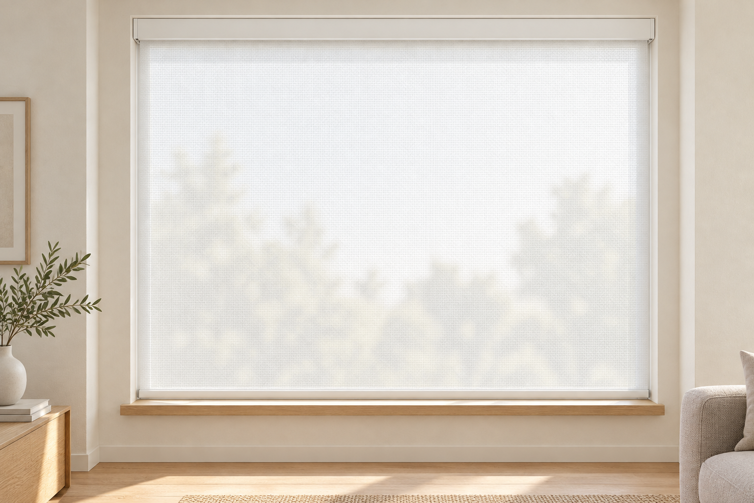 White roller shade with a clean continuous fabric panel