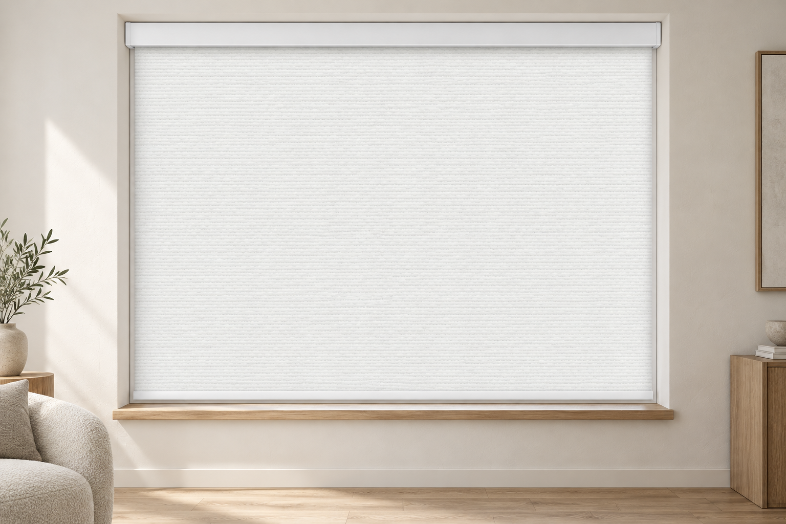 Premium white roller shade and clean cassette detail