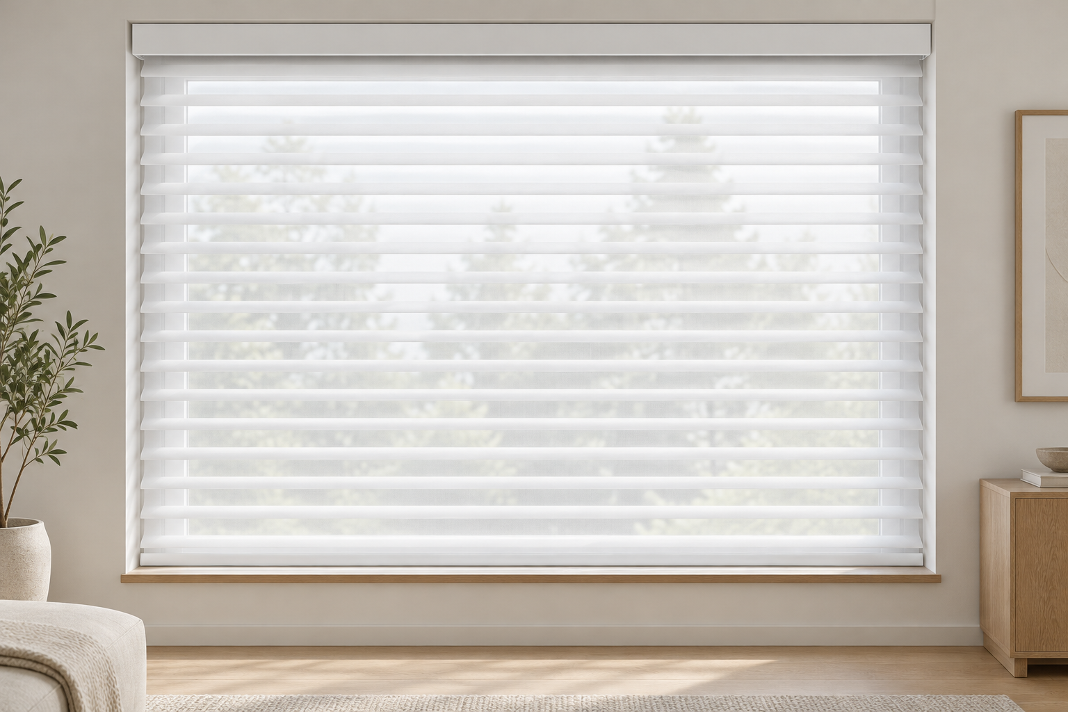 White sheer shade with soft horizontal fabric vanes