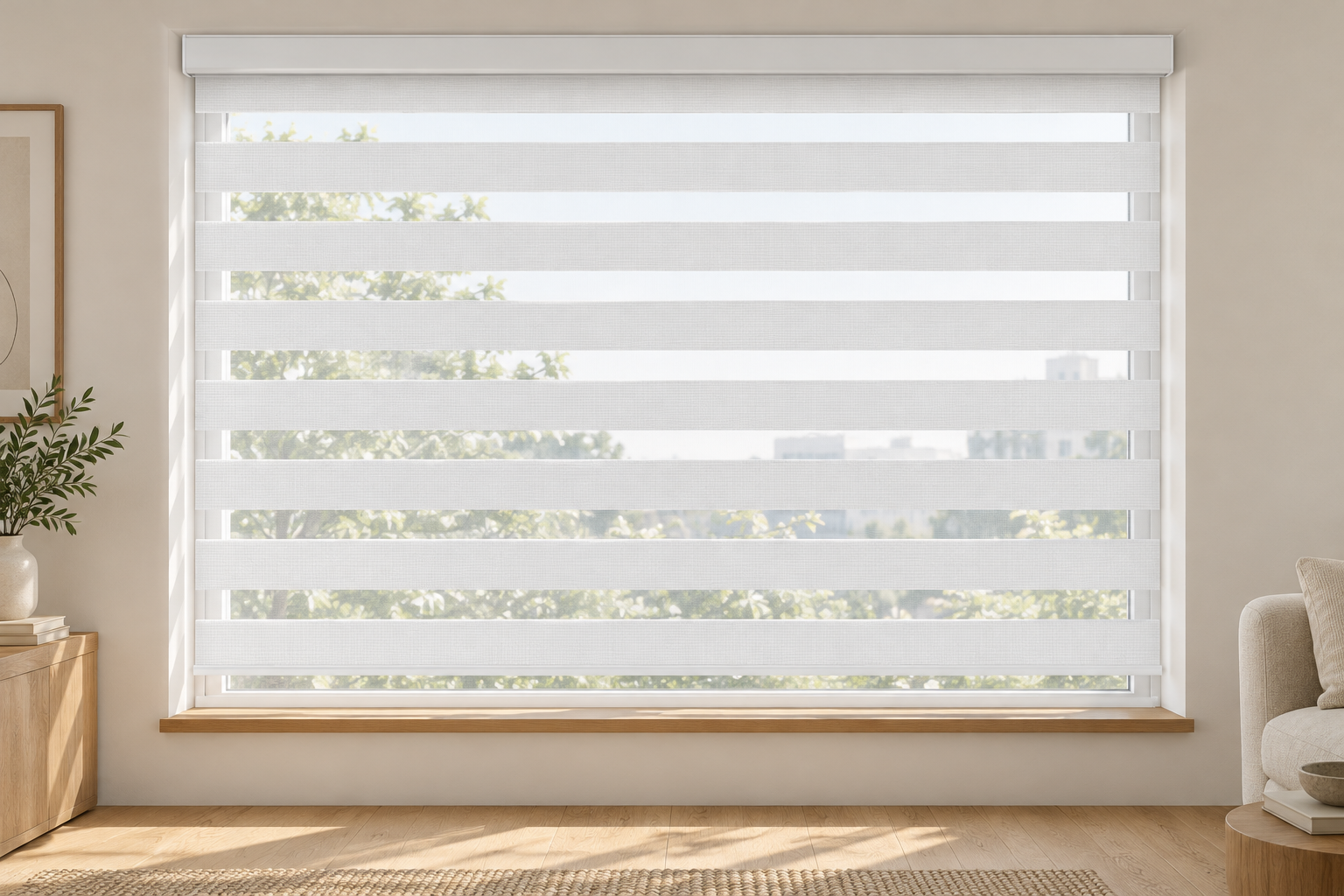 White zebra shade with alternating woven and sheer bands